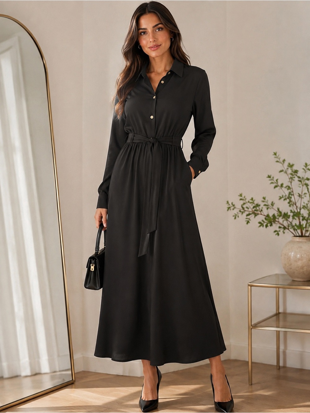 Women’s Black Long Sleeve Shirt Dress with Waist Tie button down collar maxi